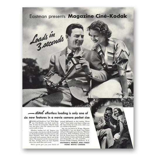 1936 Cine Kodak Camera Magazine Cine Kodak Loads In 3 Seconds Vintage Magazine Print Ad