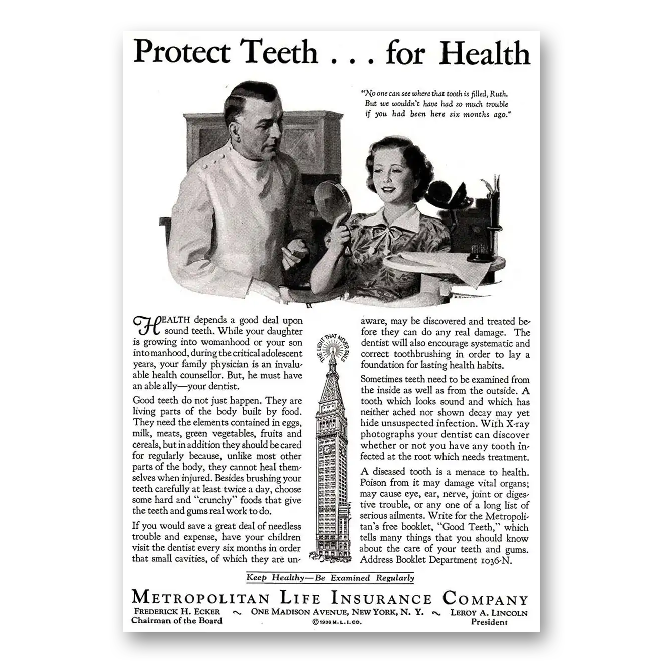 1936 Metropolitan Life Insurance Protect Teeth for Health Vintage Magazine Print Ad