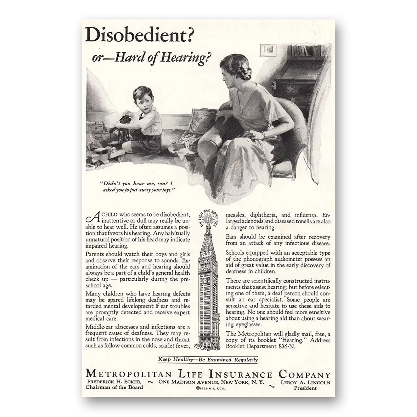 1936 Metropolitan Life Insurance Disobedient or Hard of Hearing Vintage Magazine Print Ad