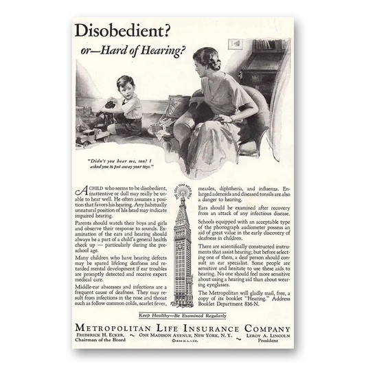 1936 Metropolitan Life Insurance Disobedient or Hard of Hearing Vintage Magazine Print Ad