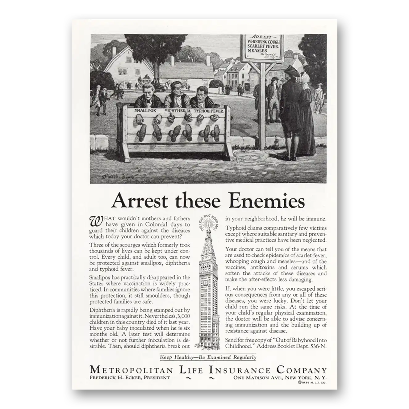 1936 Metropolitan Life Insurance Arrest These Enemies Vintage Magazine Print Ad