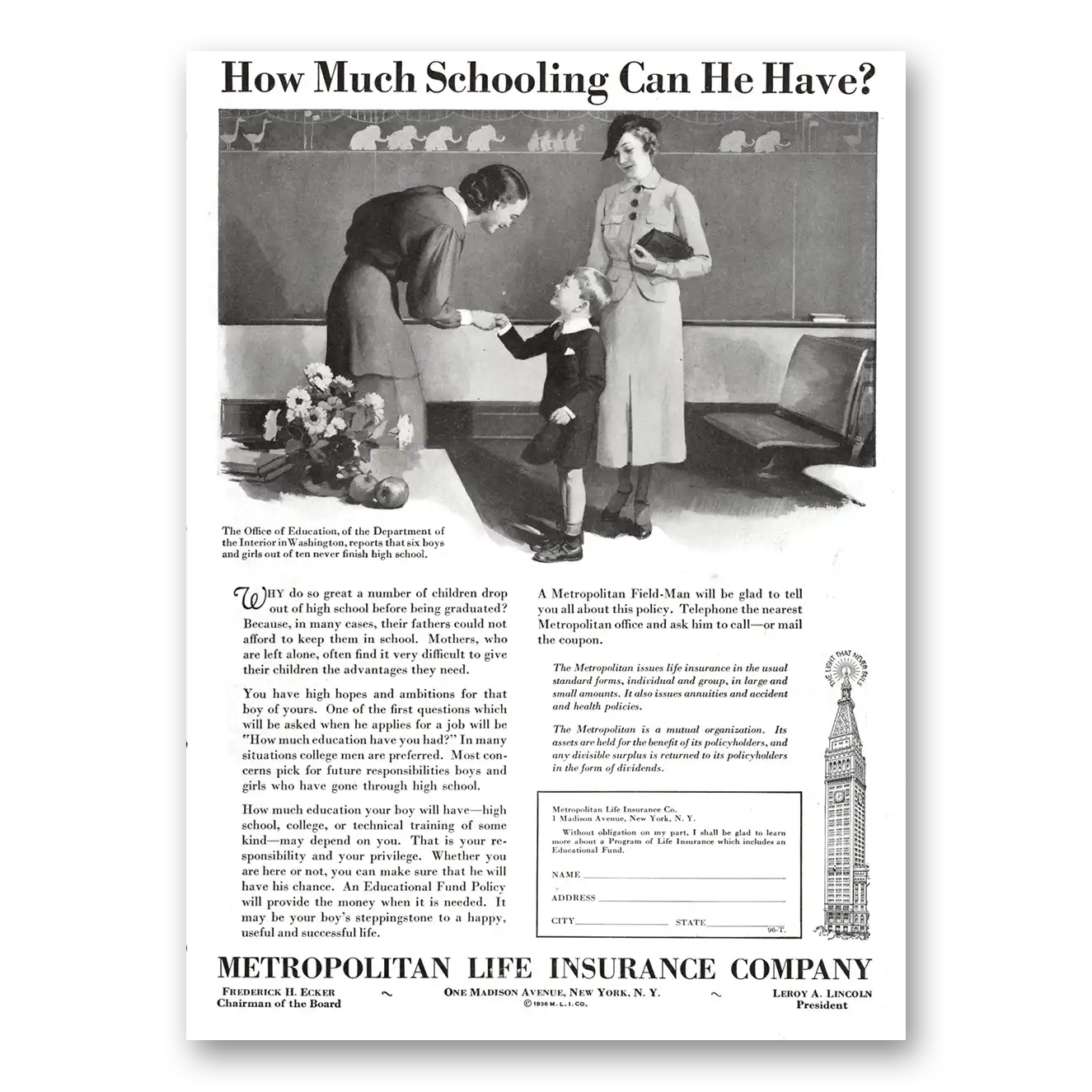 1936 Metropolitan Life Insurance How Much Schooling Can He Have Vintage Magazine Print Ad