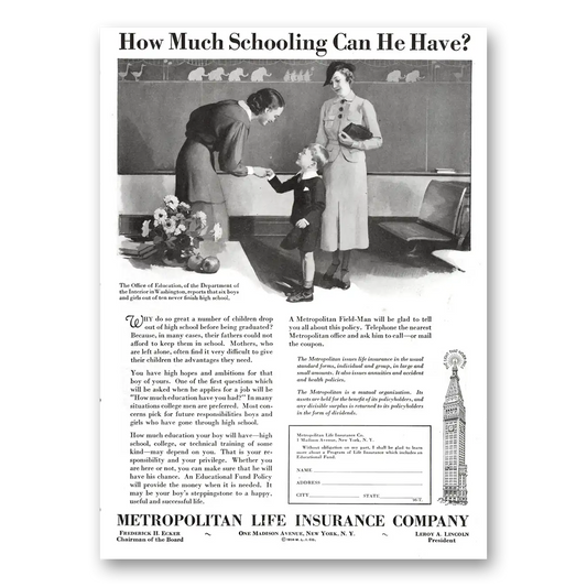 1936 Metropolitan Life Insurance How Much Schooling Can He Have Vintage Magazine Print Ad