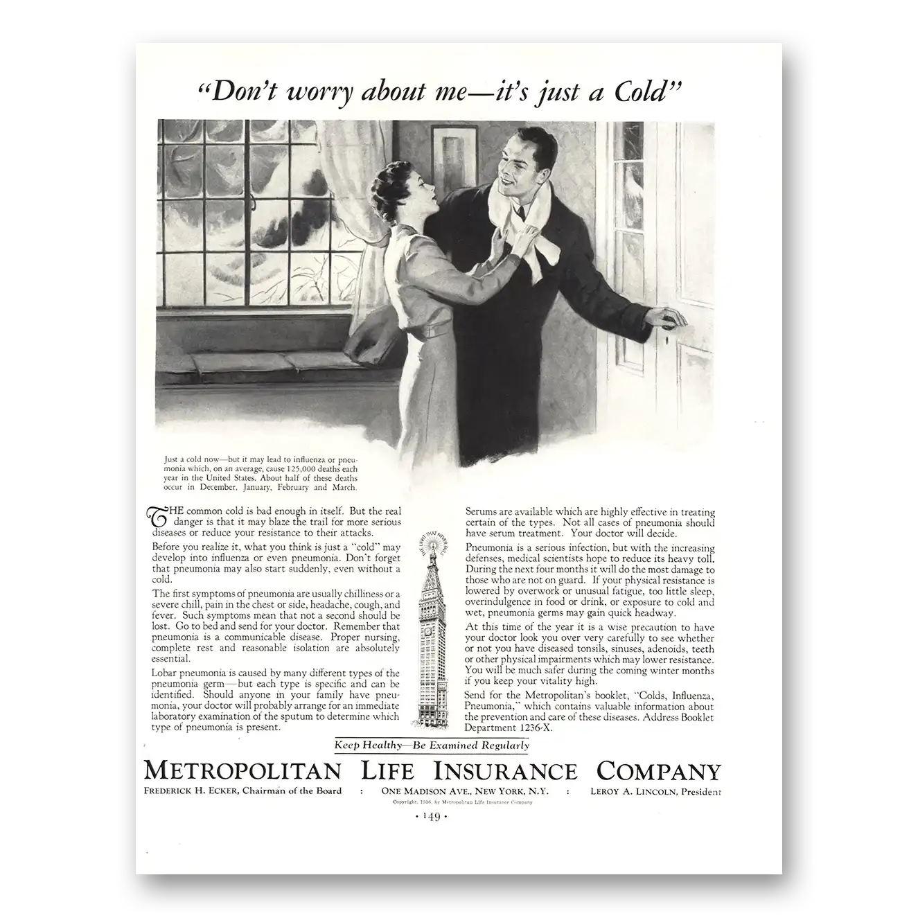 1936 Metropolitan Life Insurance Just a Cold Vintage Magazine Print Ad