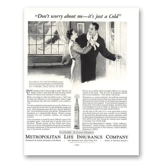 1936 Metropolitan Life Insurance Just a Cold Vintage Magazine Print Ad