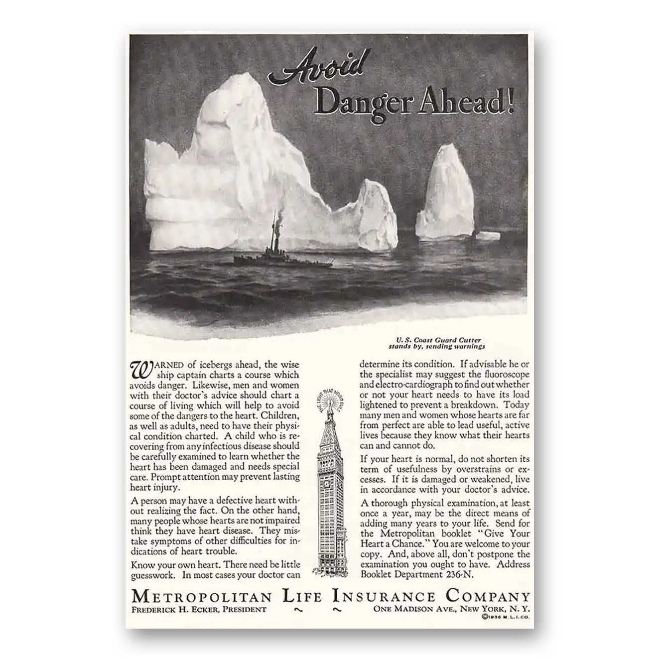 1936 Metropolitan Life Insurance Avoid Danger Ahead Vintage Magazine Print Ad