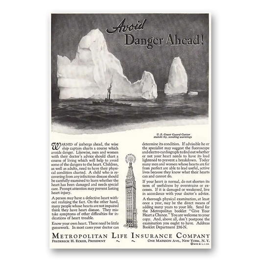 1936 Metropolitan Life Insurance Avoid Danger Ahead Vintage Magazine Print Ad