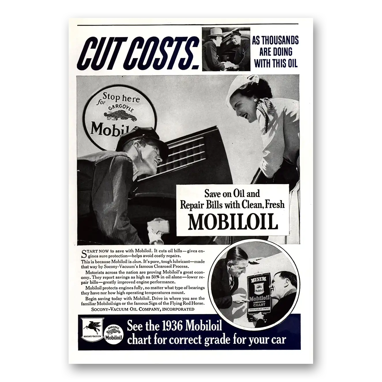 1936 Mobiloil Cut Costs As Thousands Are Doing Vintage Magazine Print Ad