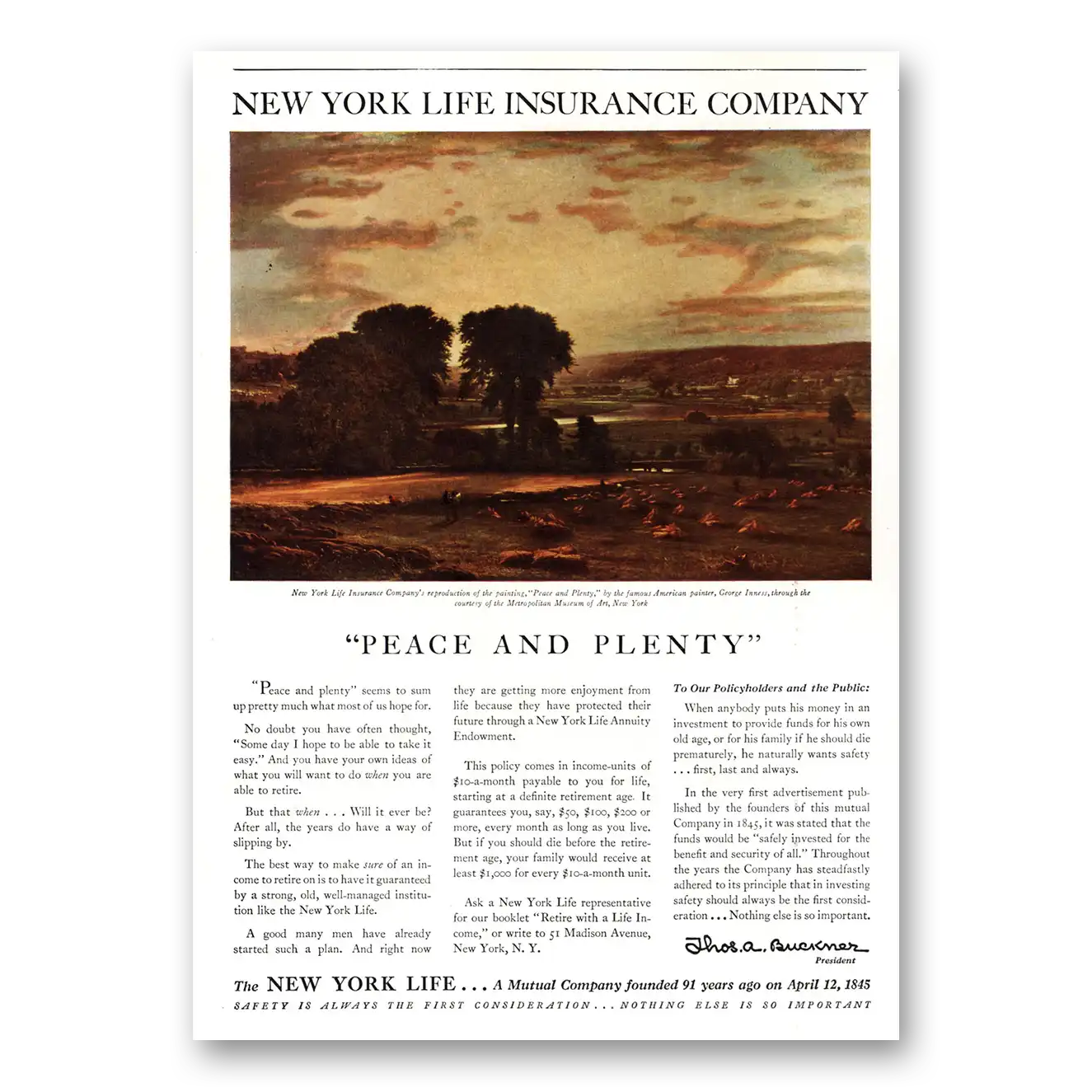 1936 New York Life Insurance Peace and Plenty Vintage Magazine Print Ad