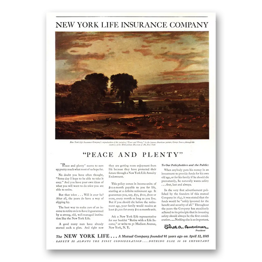 1936 New York Life Insurance Peace and Plenty Vintage Magazine Print Ad