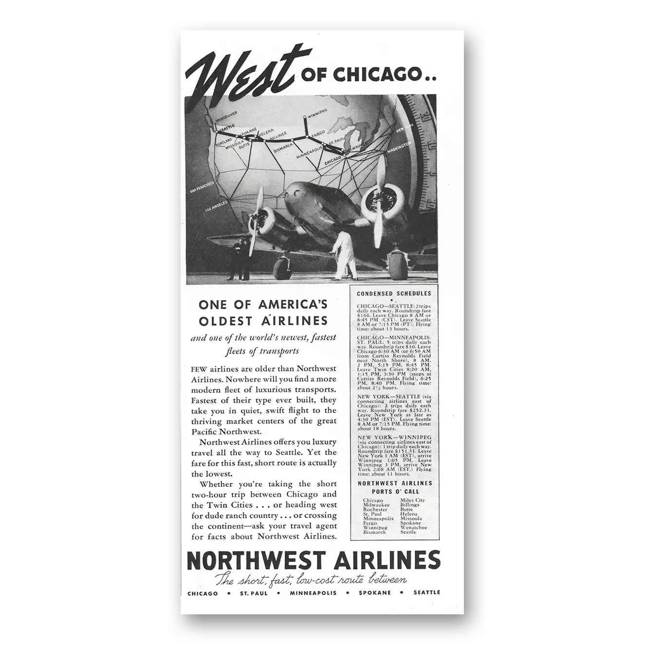 1936 Northwest Airlines West of Chicago One of Americas Oldest Airlines Vintage Magazine Print Ad