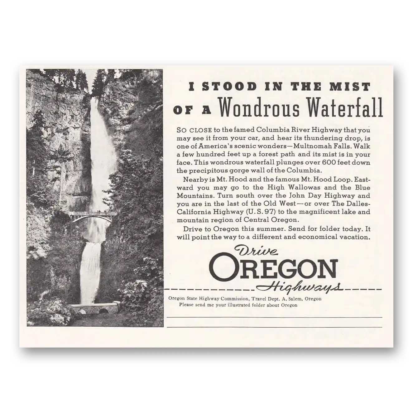 1936 Oregon I Stood in the Mist of Wondrous Vintage Magazine Print Ad