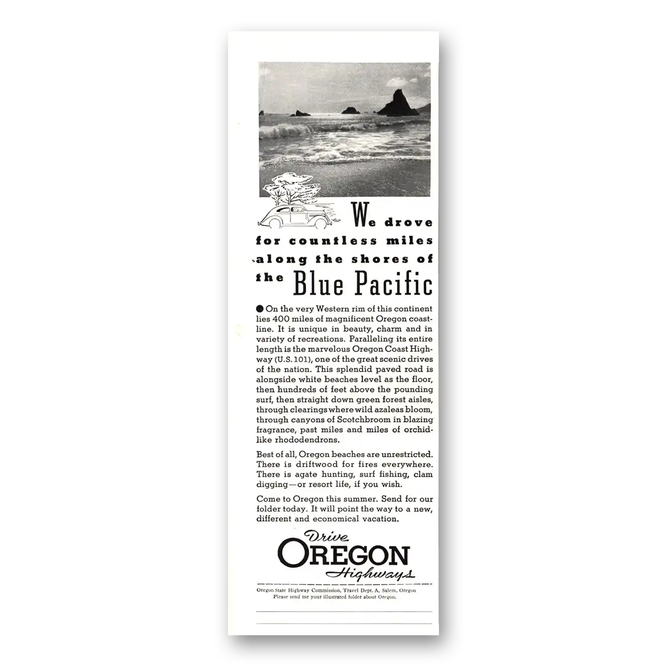 1936 Oregon Shores of the Blue Pacific Vintage Magazine Print Ad