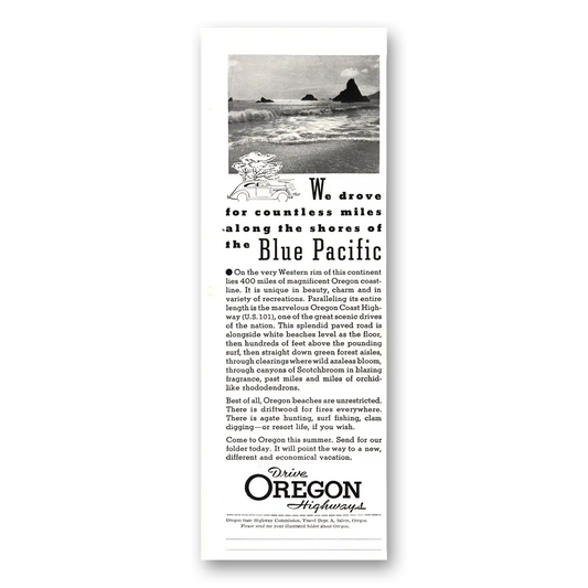 1936 Oregon Shores of the Blue Pacific Vintage Magazine Print Ad