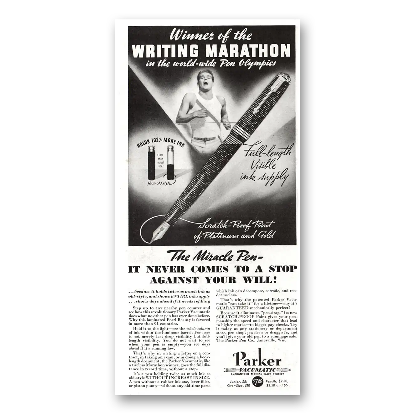 1936 Parker Vacumatic Pen Writing Marathon Vintage Magazine Print Ad