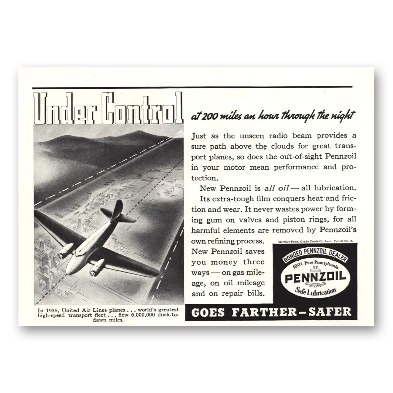 1936 Pennzoil Under Control United Airlines Vintage Magazine Print Ad