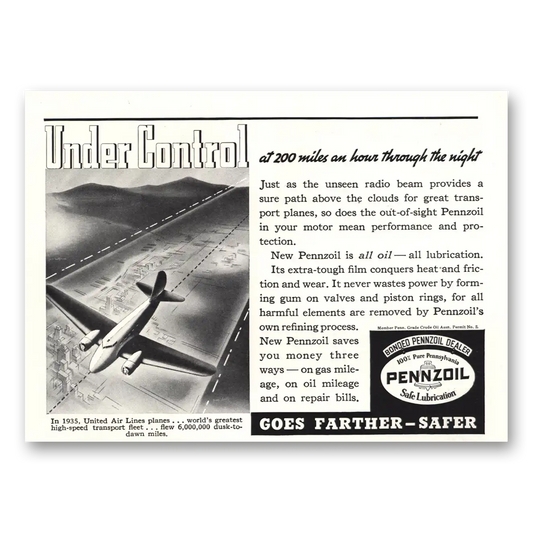 1936 Pennzoil Under Control United Airlines Vintage Magazine Print Ad