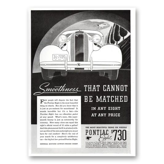 1936 Pontiac Eight Smoothness Cannot Be Matched Vintage Magazine Print Ad