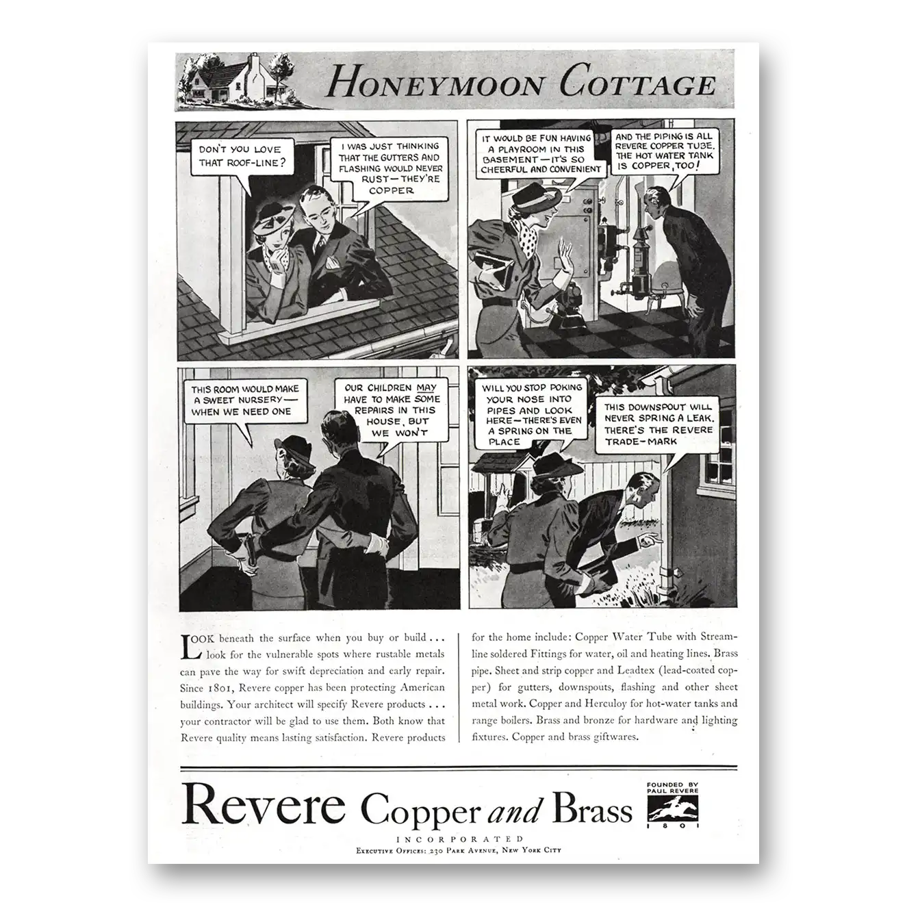 1936 Revere Copper + Brass Honeymoon Cottage Vintage Magazine Print Ad