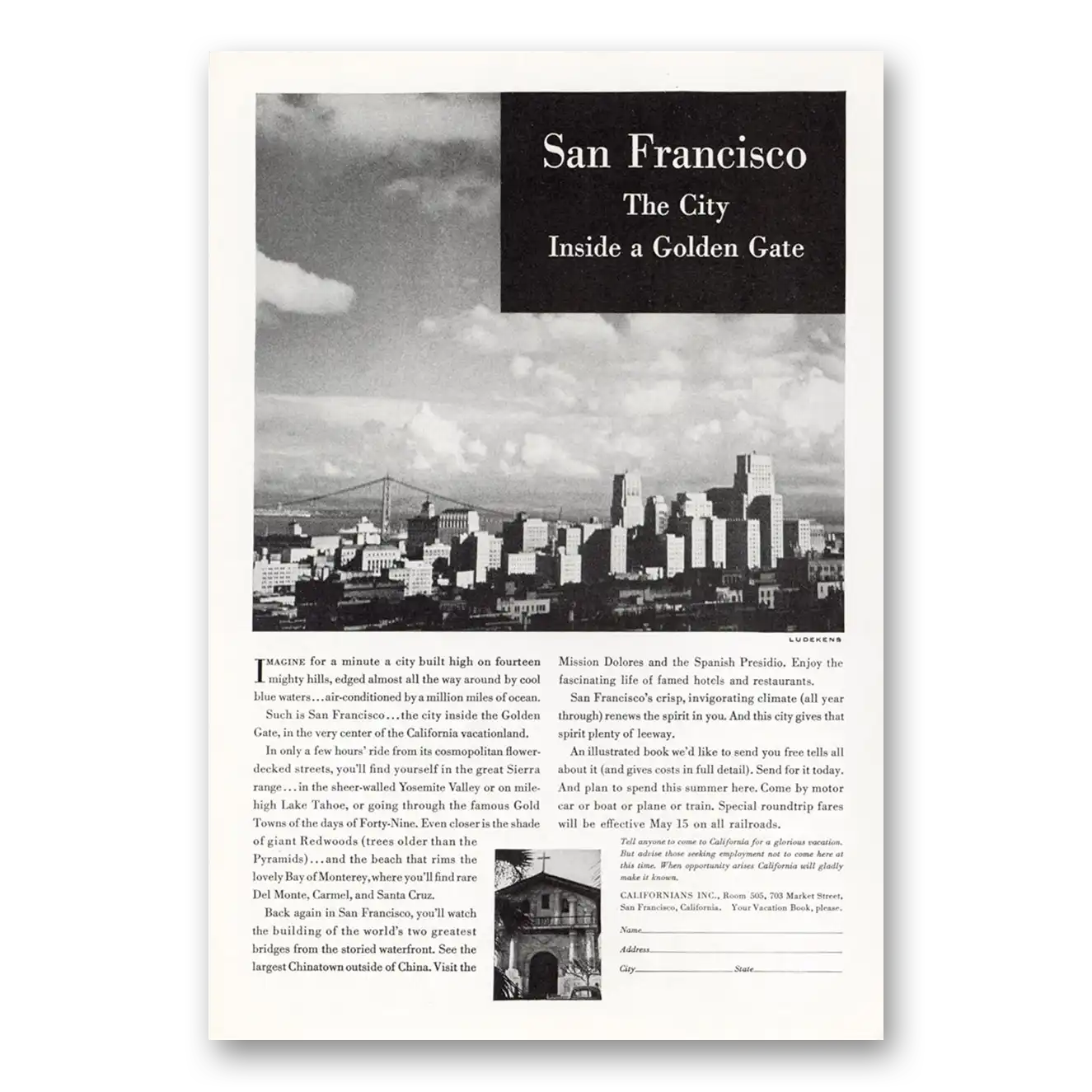 1936 San Francisco California City Inside a Golden Gate Vintage Magazine Print Ad