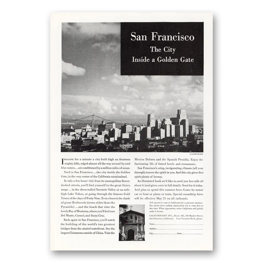 1936 San Francisco California City Inside a Golden Gate Vintage Magazine Print Ad