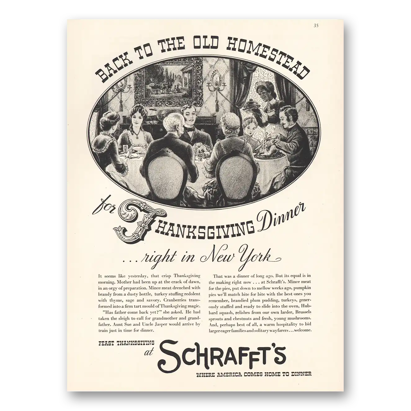 1935 Schraffts Restaurants Back to the Old Homestead Thanksgiving New York Vintage Magazine Print Ad