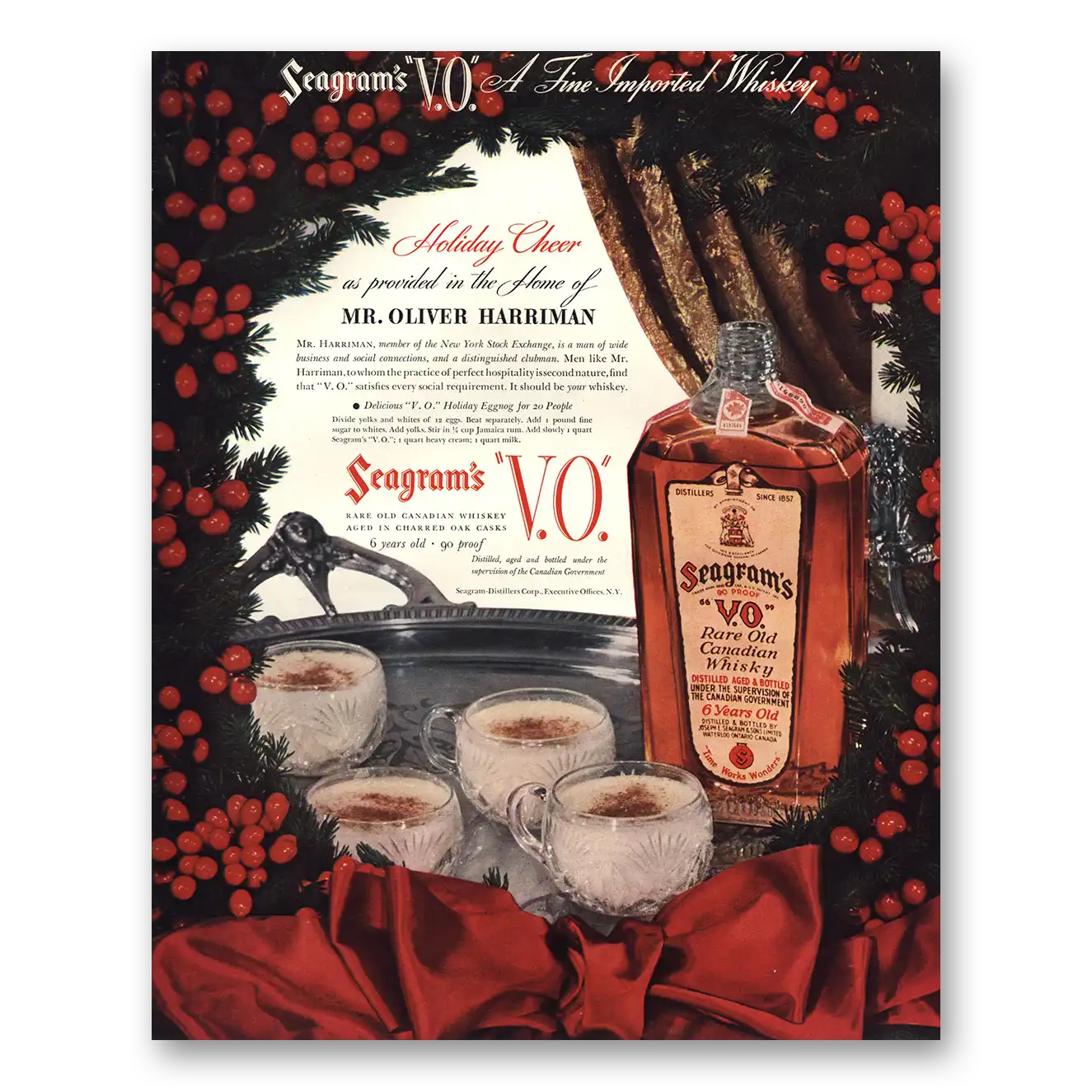 1936 Seagrams VO Whisky VO Holiday Cheer Mr Oliver Harriman Vintage Magazine Print Ad