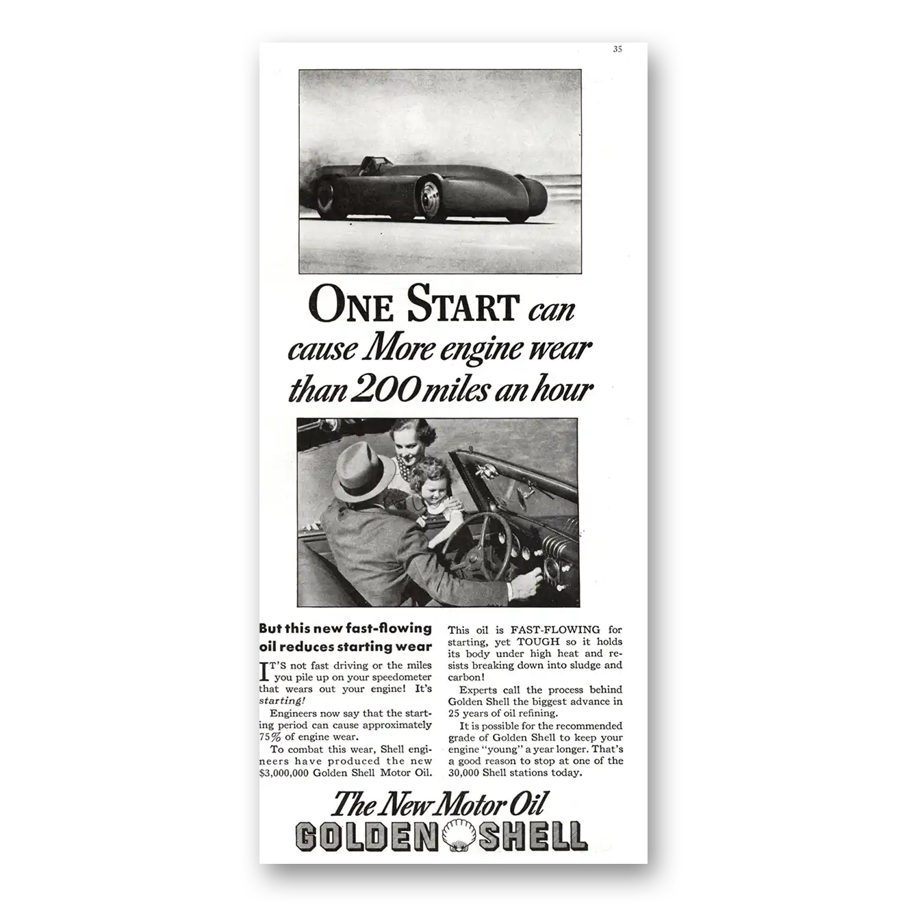 1936 Golden Shell Motor Oil One Start Can Cause More Wear Vintage Magazine Print Ad