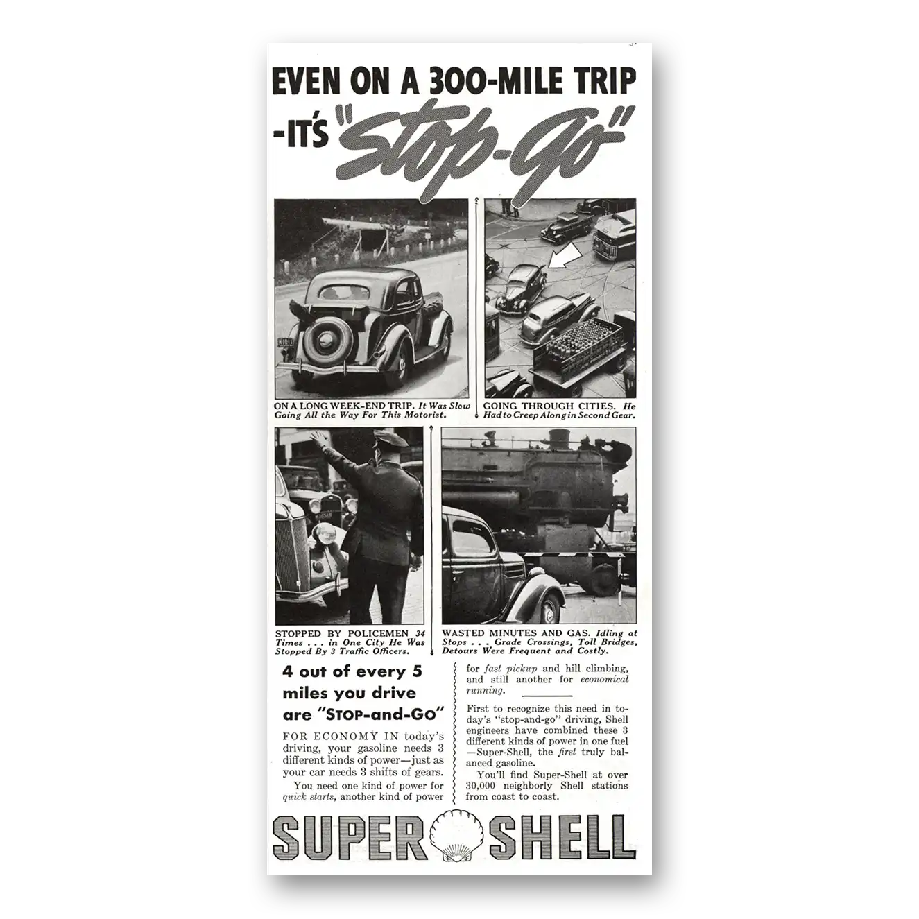 1936 Super Shell Gasoline Even On 300 Mile Trip Its Stop Go Vintage Magazine Print Ad