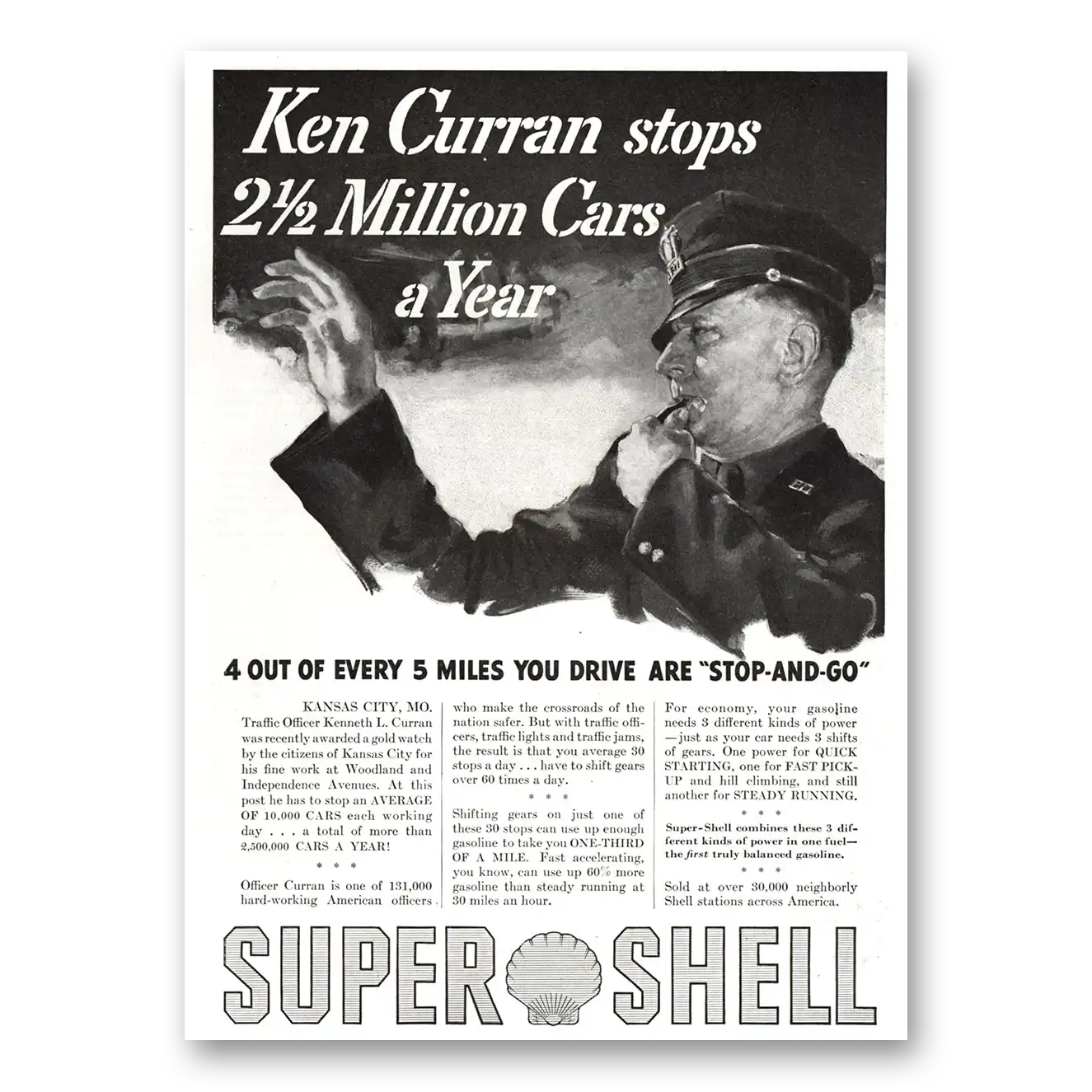 1936 Super Shell Gasoline Ken Curran Stops Millions Cars a Year Vintage Magazine Print Ad