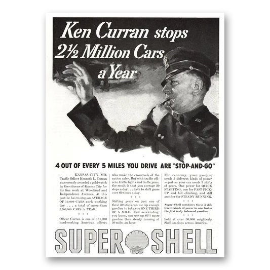 1936 Super Shell Gasoline Ken Curran Stops Millions Cars a Year Vintage Magazine Print Ad