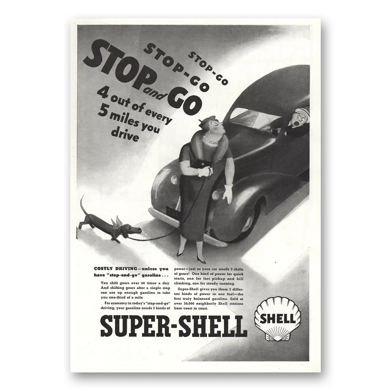 1936 Super Shell Gasoline Stop and Go 4 Out of Every 5 Miles Vintage Magazine Print Ad