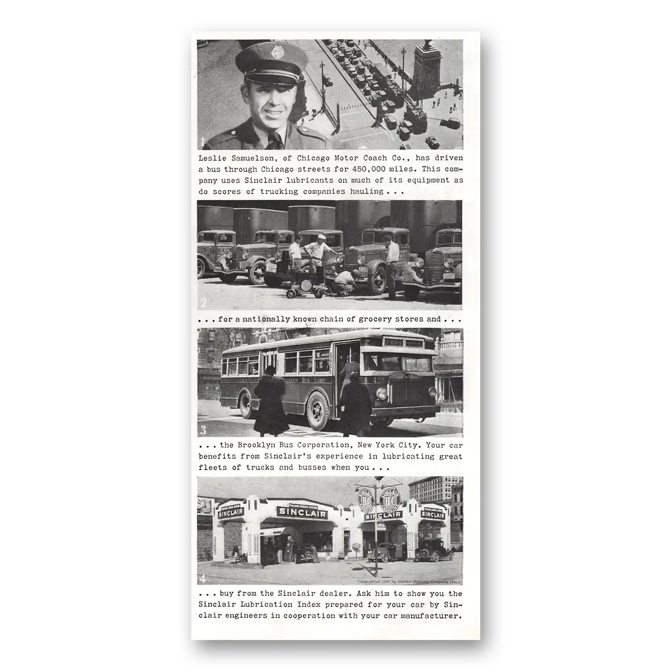 1936 Sinclair Leslie Samuelson Chicago Motor Coach Vintage Magazine Print Ad