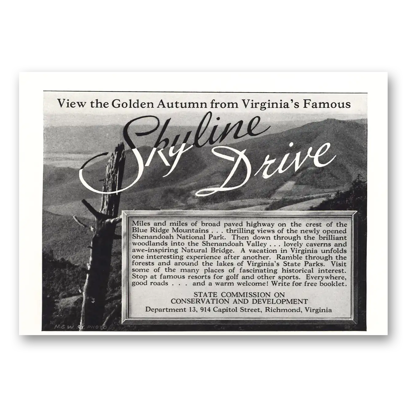 1936 Virginia Golden Autumn Skyline Drive Vintage Magazine Print Ad