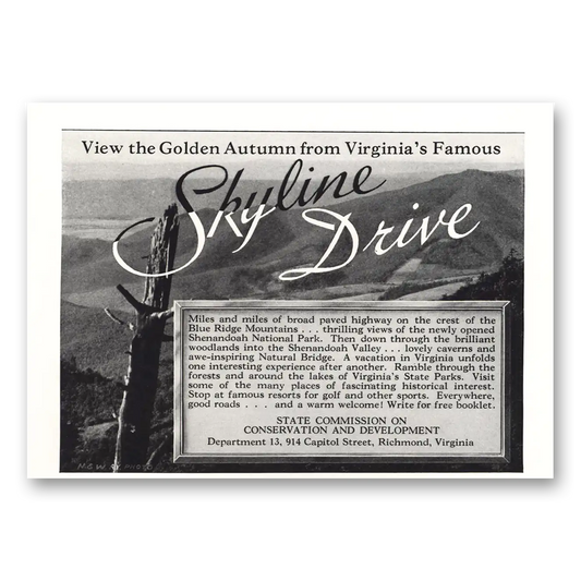 1936 Virginia Golden Autumn Skyline Drive Vintage Magazine Print Ad