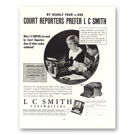 1936 Smith Corona Typewriters Court Reporters Prefer Vintage Magazine Print Ad