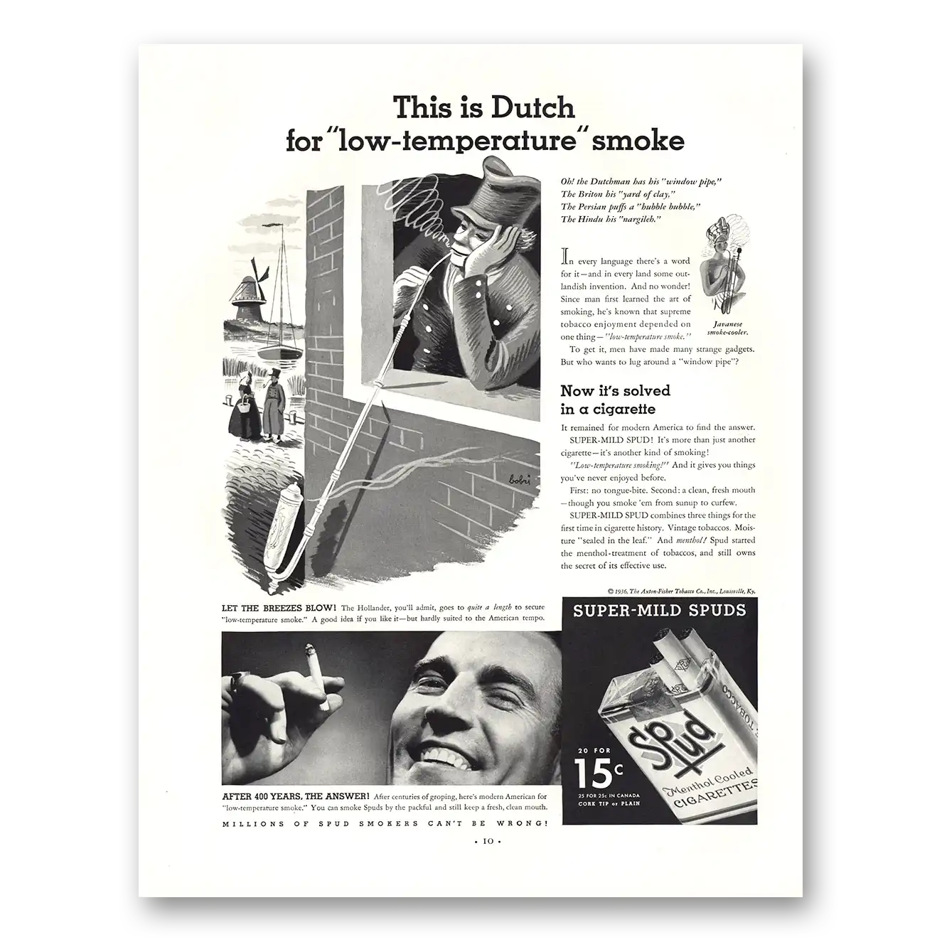 1936 Spud Cigarettes Dutch for Low Temperature Smoke Vintage Magazine Print Ad