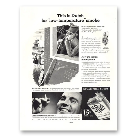 1936 Spud Cigarettes Dutch for Low Temperature Smoke Vintage Magazine Print Ad