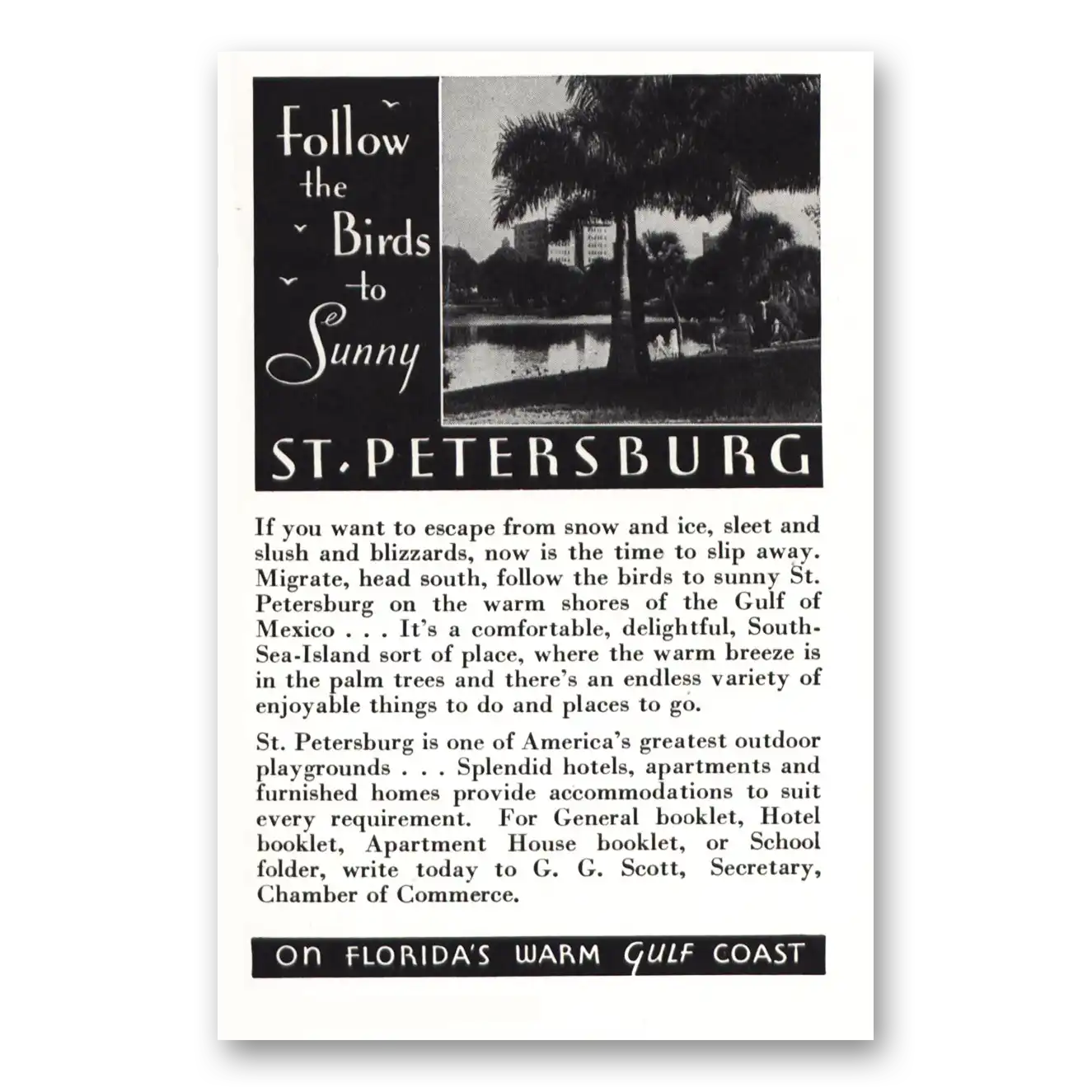 1936 St Petersburg Florida Follow the Birds Vintage Magazine Print Ad