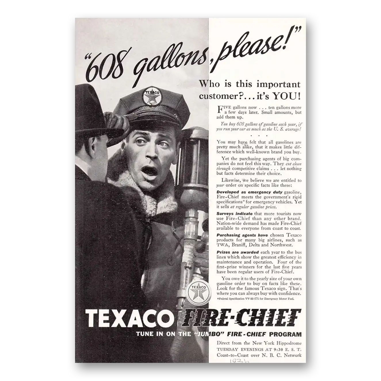 1936 Texaco Fire Chief Gasoline 608 Gallons Please Vintage Magazine Print Ad