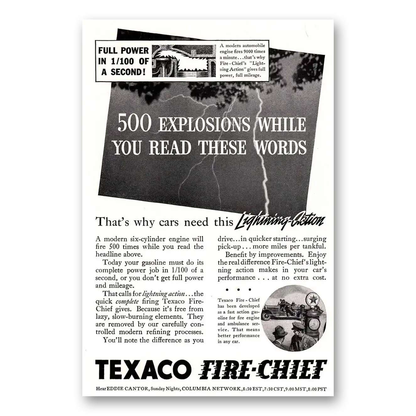 1936 Texaco Fire Chief Gasoline 500 Explosions Vintage Magazine Print Ad