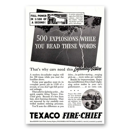 1936 Texaco Fire Chief Gasoline 500 Explosions Vintage Magazine Print Ad