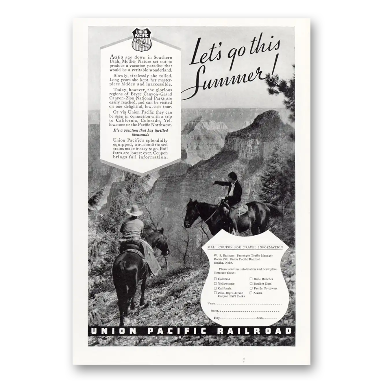 1936 Union Pacific Railroad Lets Go this Summer Vintage Magazine Print Ad