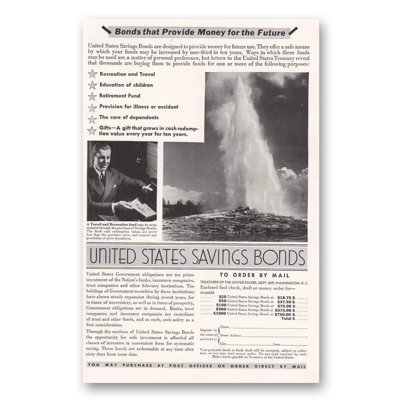 1936 United States Savings Bonds Old Faithful Vintage Magazine Print Ad