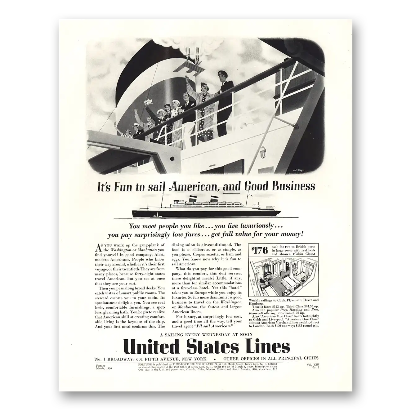 1936 United States Lines Fun to Sail American Vintage Magazine Print Ad