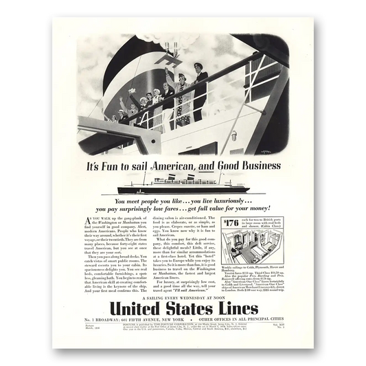 1936 United States Lines Fun to Sail American Vintage Magazine Print Ad