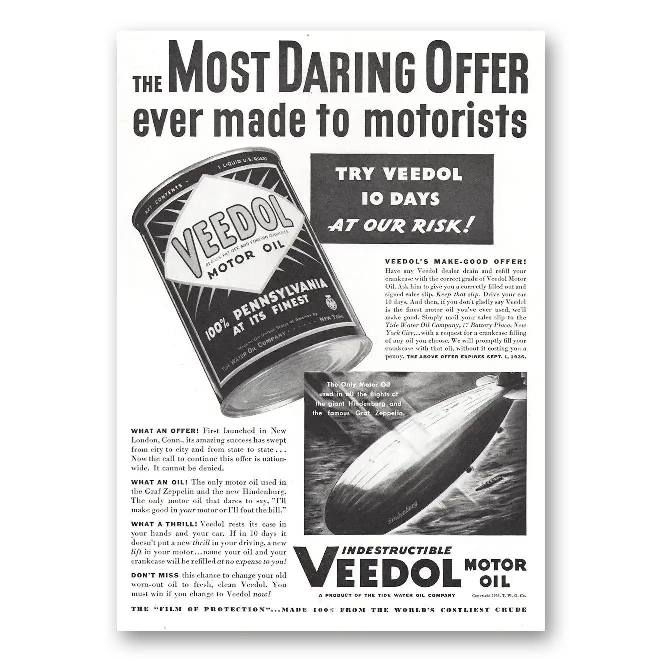 1936 Veedol Motor Oil Most Daring Offer Vintage Magazine Print Ad