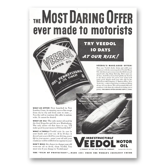 1936 Veedol Motor Oil Most Daring Offer Vintage Magazine Print Ad