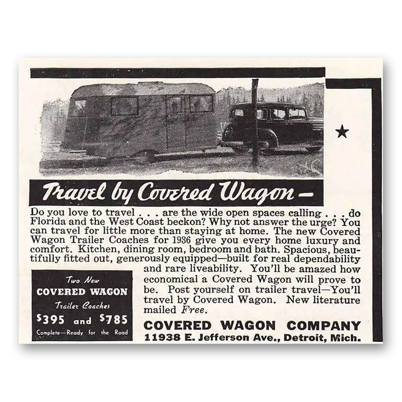 1936 Covered Wagon Vacation Costs Vintage Magazine Print Ad