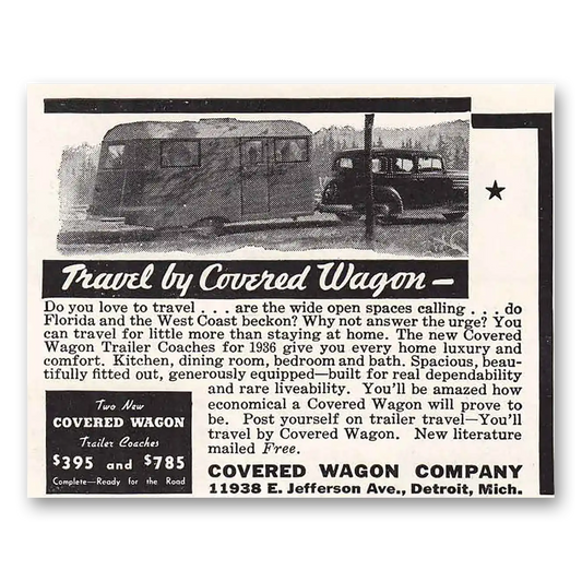 1936 Covered Wagon Vacation Costs Vintage Magazine Print Ad